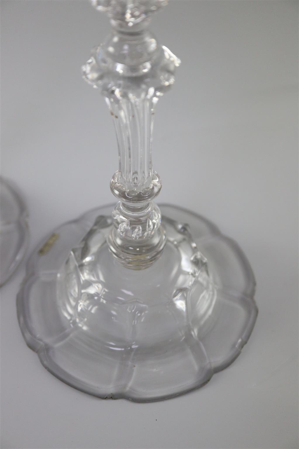 A fine pair of George II Silesian stem glass candlesticks, c.1740, 24.5cm high
